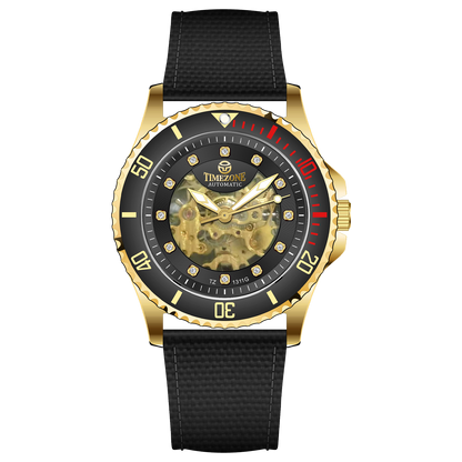 Branded wrist watch for men in pakistan. A gold-toned Monarch Prestige watch with a black leather band and a skeleton dial visible through the transparent case back.