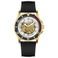 Branded wrist watch for men in pakistan. A gold-toned Monarch Prestige watch with a black leather band and a skeleton dial visible through the transparent case back.