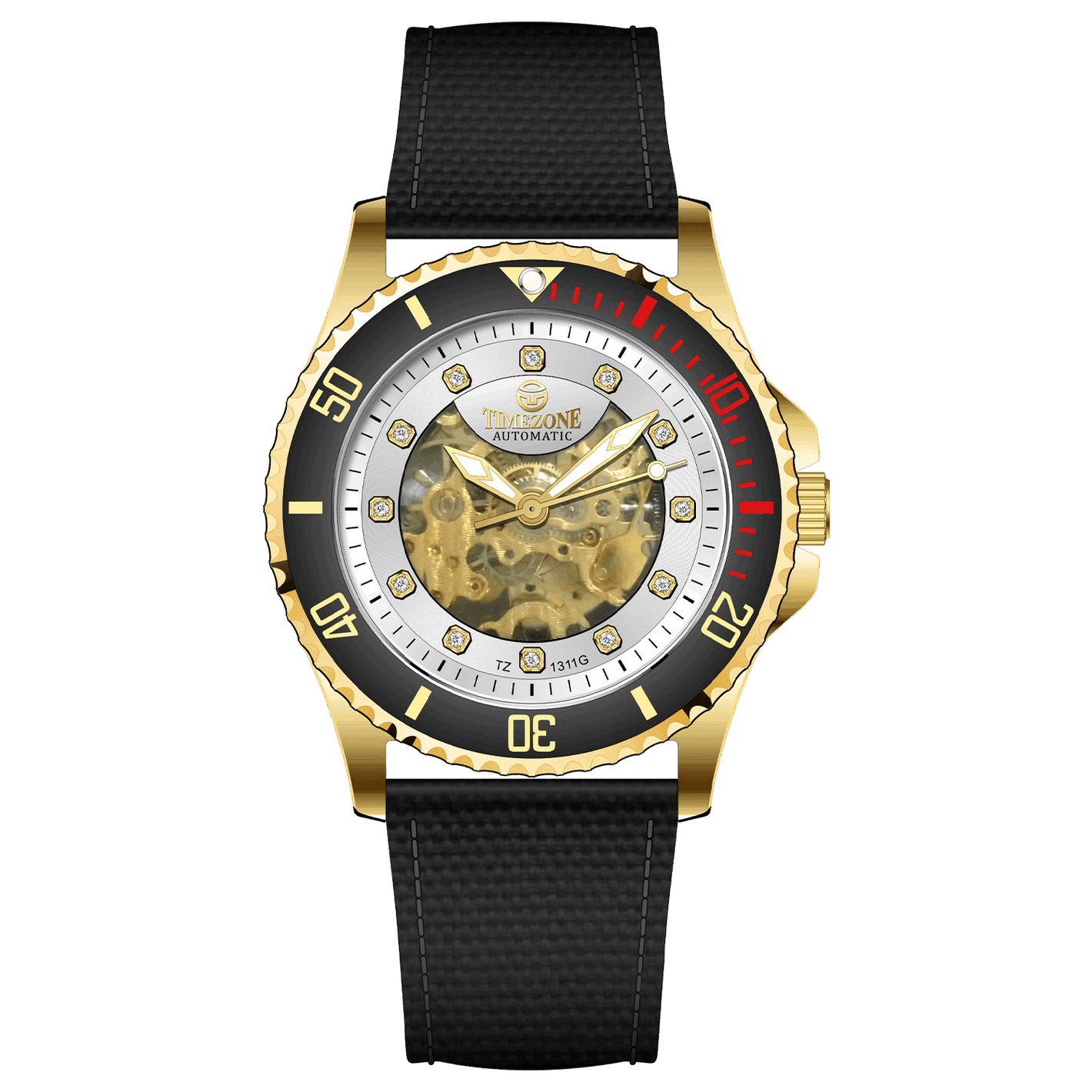 Branded wrist watch for men in pakistan. A gold-toned Monarch Prestige watch with a black leather band and a skeleton dial visible through the transparent case back.