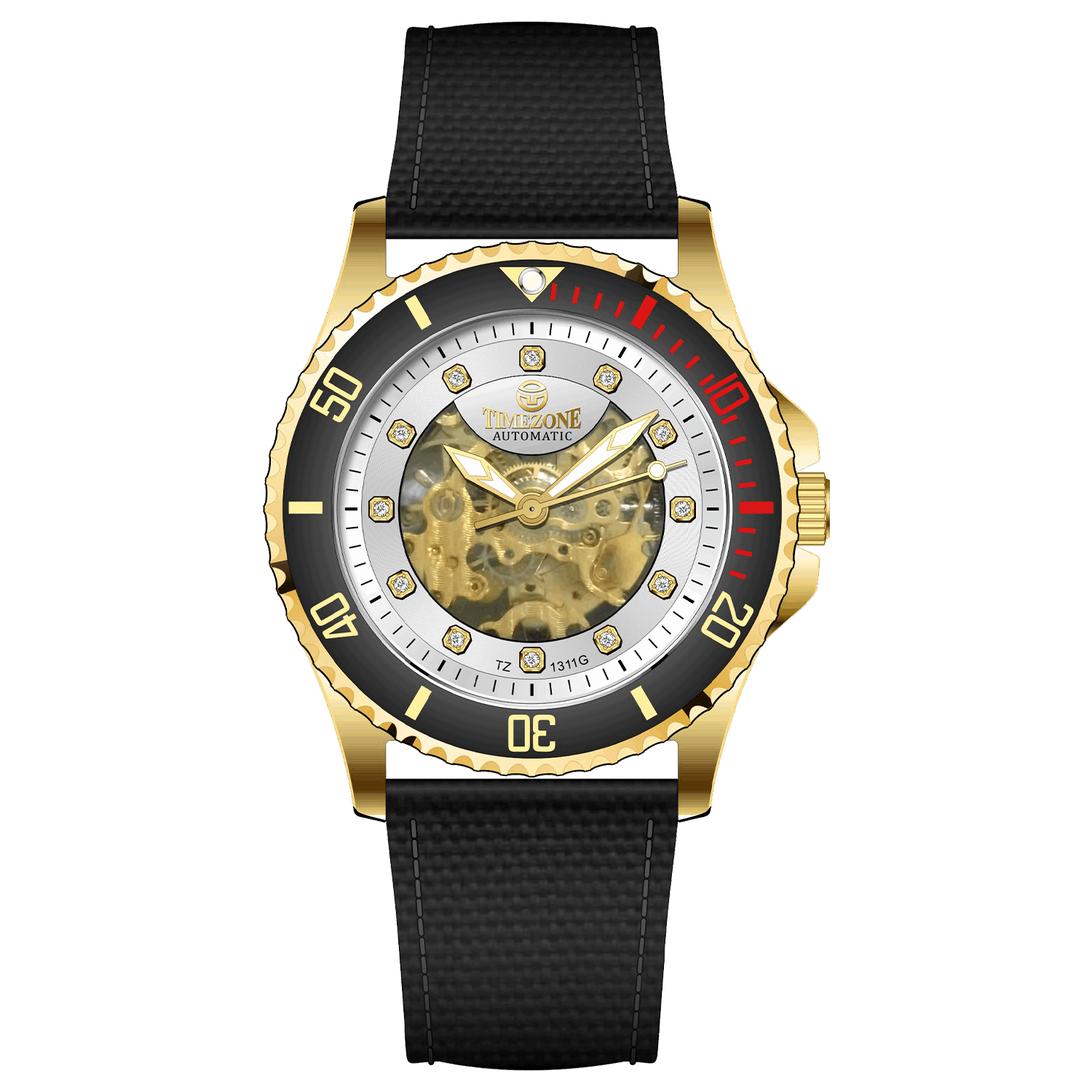 Branded wrist watch for men in pakistan. A gold-toned Monarch Prestige watch with a black leather band and a skeleton dial visible through the transparent case back.