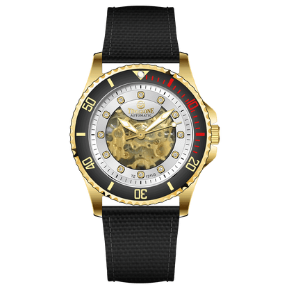 Branded wrist watch for men in pakistan. A gold-toned Monarch Prestige watch with a black leather band and a skeleton dial visible through the transparent case back.