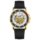 Branded wrist watch for men in pakistan. A gold-toned Monarch Prestige watch with a black leather band and a skeleton dial visible through the transparent case back.