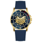 Branded wrist watch for men in pakistan. A gold-toned Monarch Prestige watch with a black leather band and a skeleton dial visible through the transparent case back.