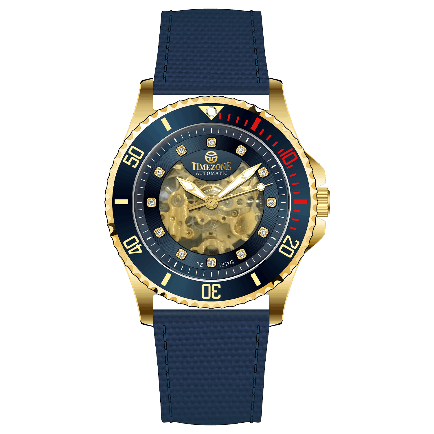 Branded wrist watch for men in pakistan. A gold-toned Monarch Prestige watch with a black leather band and a skeleton dial visible through the transparent case back.