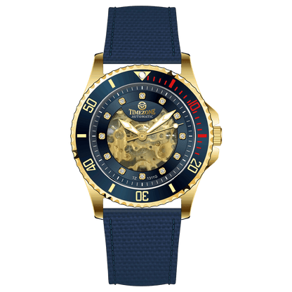 Branded wrist watch for men in pakistan. A gold-toned Monarch Prestige watch with a black leather band and a skeleton dial visible through the transparent case back.