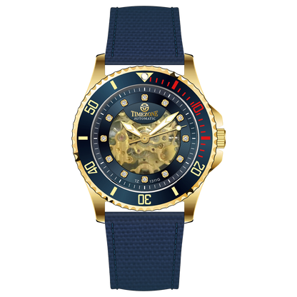 Branded wrist watch for men in pakistan. A gold-toned Monarch Prestige watch with a black leather band and a skeleton dial visible through the transparent case back.