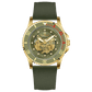 Branded wrist watch for men in pakistan. A gold-toned Monarch Prestige watch with a black leather band and a skeleton dial visible through the transparent case back.