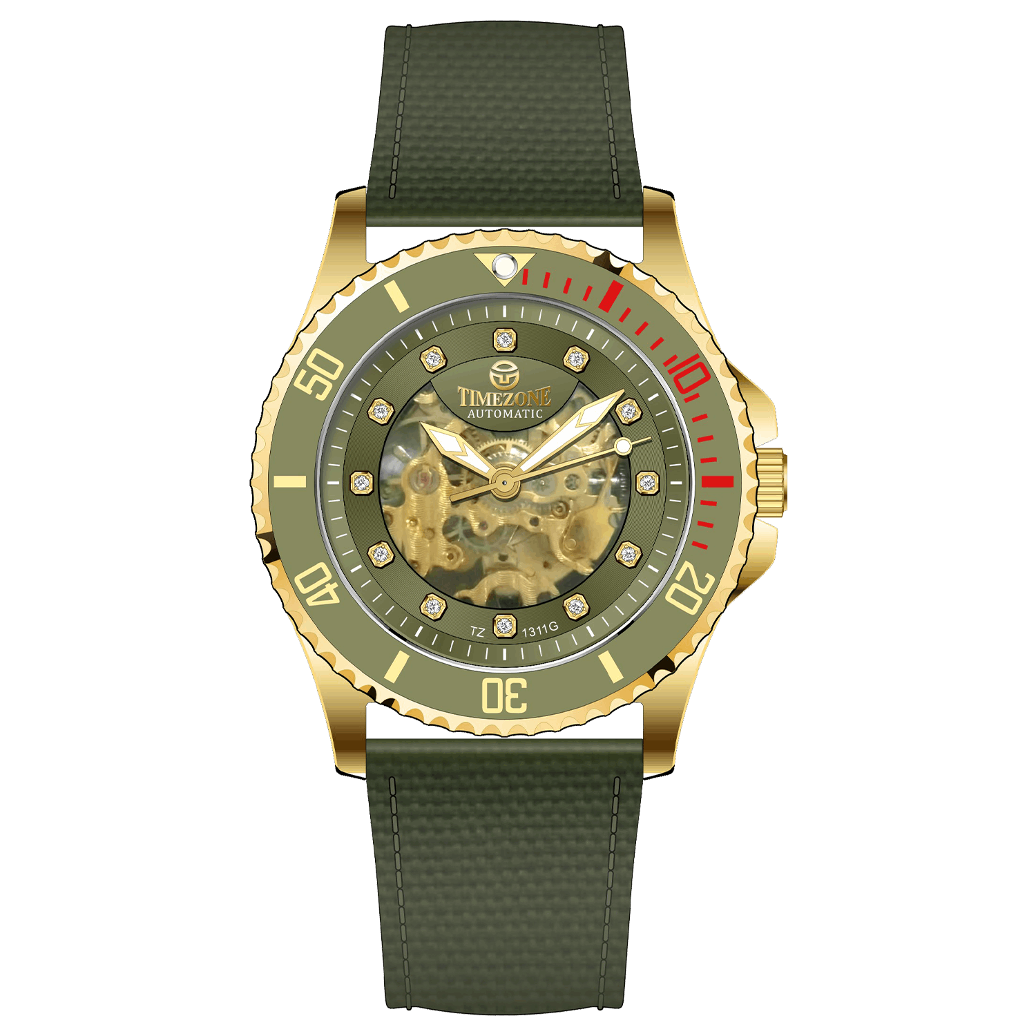Branded wrist watch for men in pakistan. A gold-toned Monarch Prestige watch with a black leather band and a skeleton dial visible through the transparent case back.