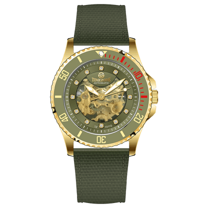 Branded wrist watch for men in pakistan. A gold-toned Monarch Prestige watch with a black leather band and a skeleton dial visible through the transparent case back.