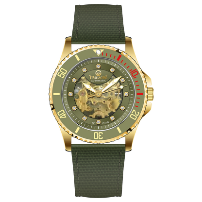 Branded wrist watch for men in pakistan. A gold-toned Monarch Prestige watch with a black leather band and a skeleton dial visible through the transparent case back.