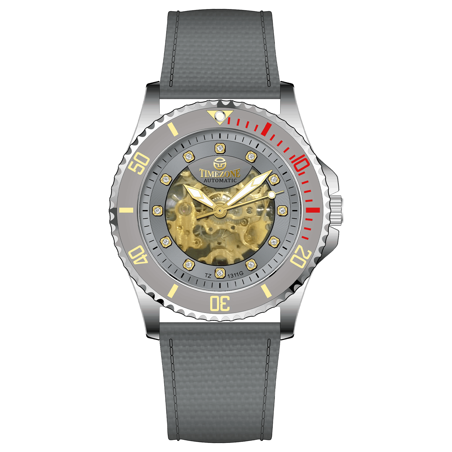 Branded wrist watch for men in pakistan. A silver-toned Monarch Luxe watch with a gray leather/cloth strap and a transparent dial showcasing the automatic movement.