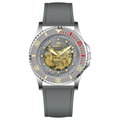 Branded wrist watch for men in pakistan. A silver-toned Monarch Luxe watch with a gray leather/cloth strap and a transparent dial showcasing the automatic movement.