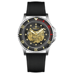 Branded wrist watch for men in pakistan. A silver-toned Monarch Luxe watch with a gray leather/cloth strap and a transparent dial showcasing the automatic movement.