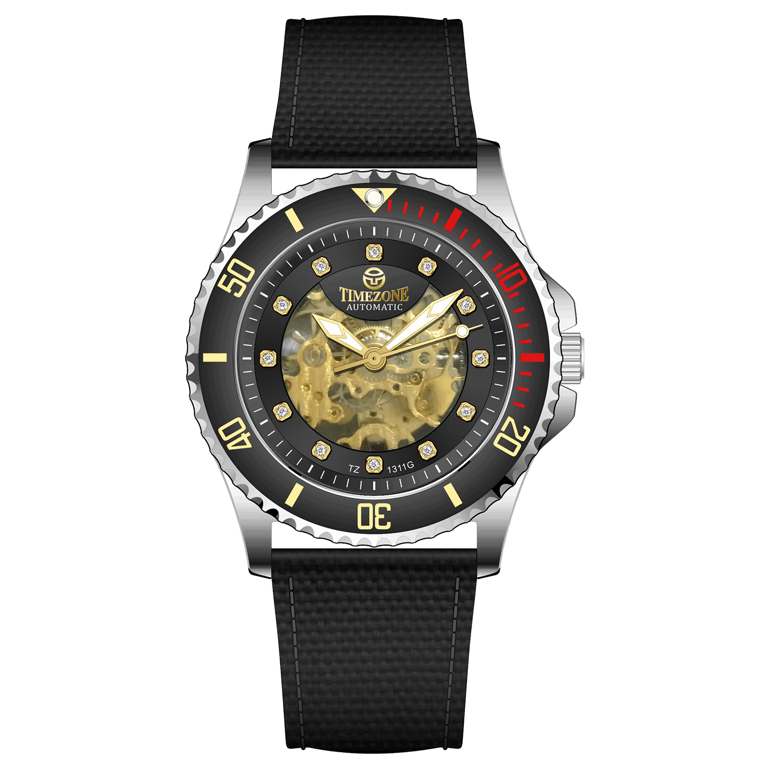 Branded wrist watch for men in pakistan. A silver-toned Monarch Luxe watch with a gray leather/cloth strap and a transparent dial showcasing the automatic movement.