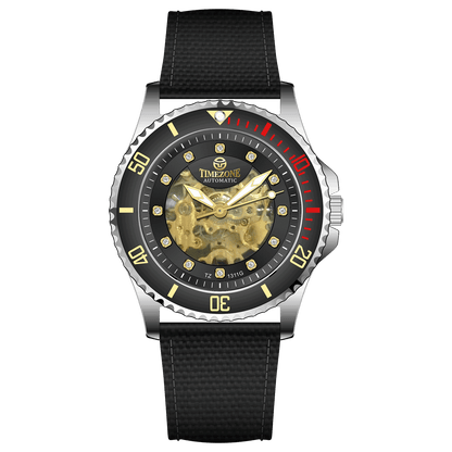 Branded wrist watch for men in pakistan. A silver-toned Monarch Luxe watch with a gray leather/cloth strap and a transparent dial showcasing the automatic movement.