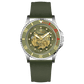 Branded wrist watch for men in pakistan. A silver-toned Monarch Luxe watch with a gray leather/cloth strap and a transparent dial showcasing the automatic movement.