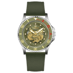Branded wrist watch for men in pakistan. A silver-toned Monarch Luxe watch with a gray leather/cloth strap and a transparent dial showcasing the automatic movement.