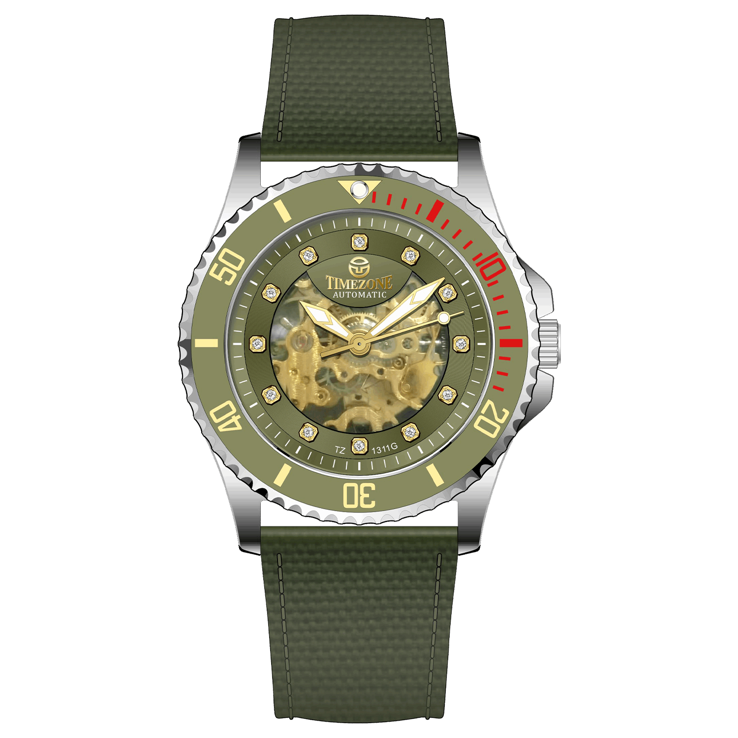 Branded wrist watch for men in pakistan. A silver-toned Monarch Luxe watch with a gray leather/cloth strap and a transparent dial showcasing the automatic movement.