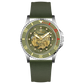 Branded wrist watch for men in pakistan. A silver-toned Monarch Luxe watch with a gray leather/cloth strap and a transparent dial showcasing the automatic movement.