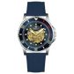 Branded wrist watch for men in pakistan. A silver-toned Monarch Luxe watch with a gray leather/cloth strap and a transparent dial showcasing the automatic movement.