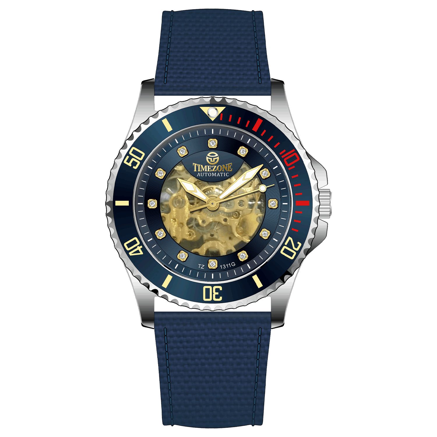 Branded wrist watch for men in pakistan. A silver-toned Monarch Luxe watch with a gray leather/cloth strap and a transparent dial showcasing the automatic movement.