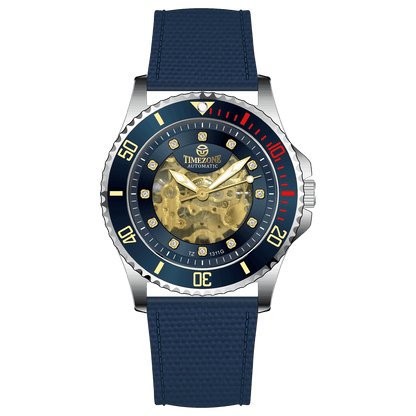 Branded wrist watch for men in pakistan. A silver-toned Monarch Luxe watch with a gray leather/cloth strap and a transparent dial showcasing the automatic movement.