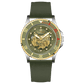 Branded wrist watch for men in pakistan. A Monarch Chrono watch with a black leather/cloth strap, silver case, gold and black dial, and red accents.