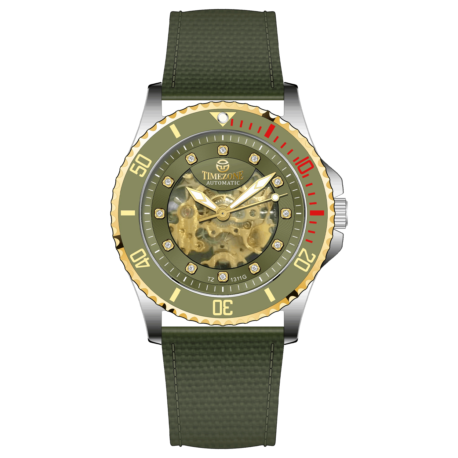 Branded wrist watch for men in pakistan. A Monarch Chrono watch with a black leather/cloth strap, silver case, gold and black dial, and red accents.