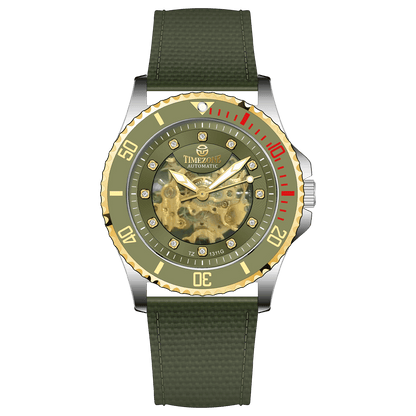 Branded wrist watch for men in pakistan. A Monarch Chrono watch with a black leather/cloth strap, silver case, gold and black dial, and red accents.