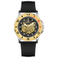 Branded wrist watch for men in pakistan. A Monarch Chrono watch with a black leather/cloth strap, silver case, gold and black dial, and red accents.