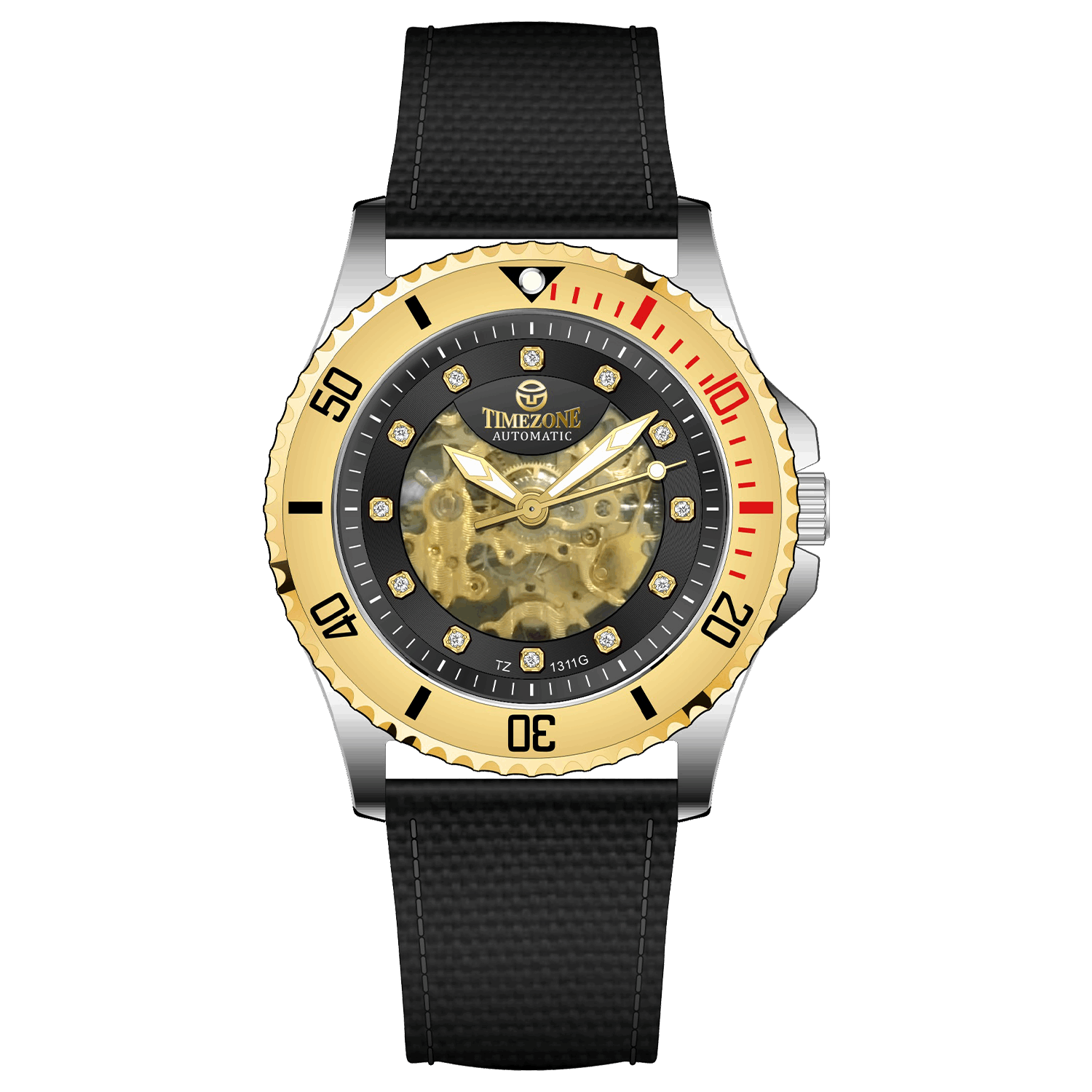 Branded wrist watch for men in pakistan. A Monarch Chrono watch with a black leather/cloth strap, silver case, gold and black dial, and red accents.