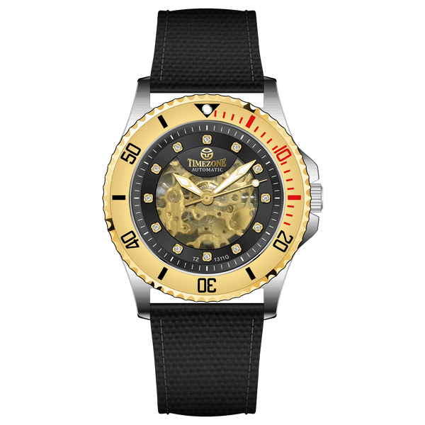Branded wrist watch for men in pakistan. A Monarch Chrono watch with a black leather/cloth strap, silver case, gold and black dial, and red accents.