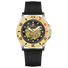 Branded wrist watch for men in pakistan. A Monarch Chrono watch with a black leather/cloth strap, silver case, gold and black dial, and red accents.