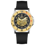 Branded wrist watch for men in pakistan. A Monarch Chrono watch with a black leather/cloth strap, silver case, gold and black dial, and red accents.