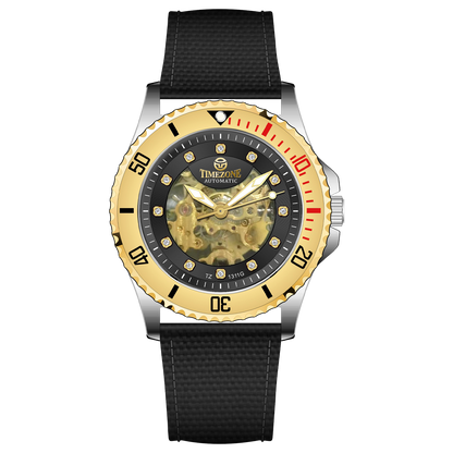 Branded wrist watch for men in pakistan. A Monarch Chrono watch with a black leather/cloth strap, silver case, gold and black dial, and red accents.