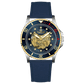Branded wrist watch for men in pakistan. A Monarch Chrono watch with a black leather/cloth strap, silver case, gold and black dial, and red accents.