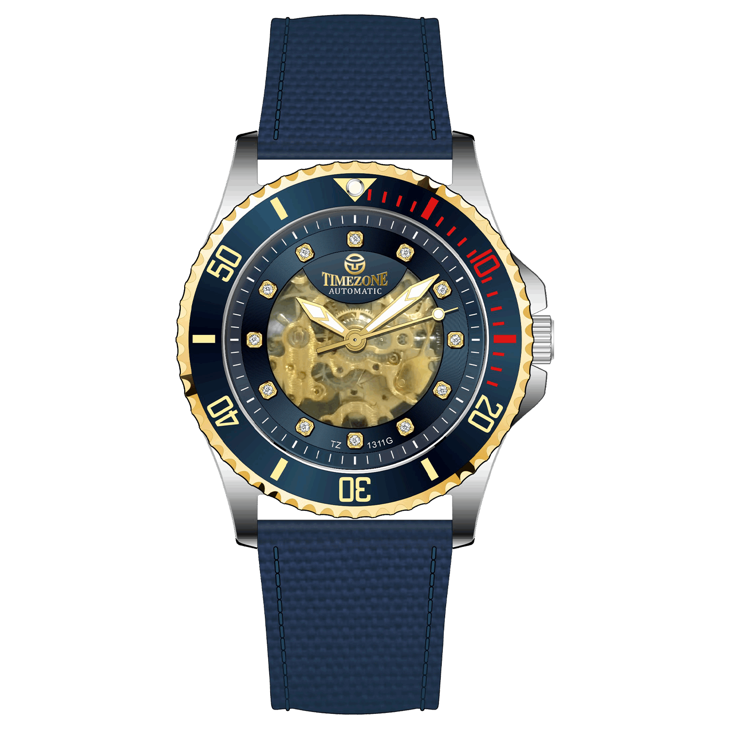 Branded wrist watch for men in pakistan. A Monarch Chrono watch with a black leather/cloth strap, silver case, gold and black dial, and red accents.
