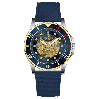 Branded wrist watch for men in pakistan. A Monarch Chrono watch with a black leather/cloth strap, silver case, gold and black dial, and red accents.