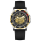 Branded wrist watch for men in pakistan. A Monarch Chrono watch with a black leather/cloth strap, silver case, gold and black dial, and red accents.