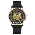 Branded wrist watch for men in pakistan. A Monarch Chrono watch with a black leather/cloth strap, silver case, gold and black dial, and red accents.