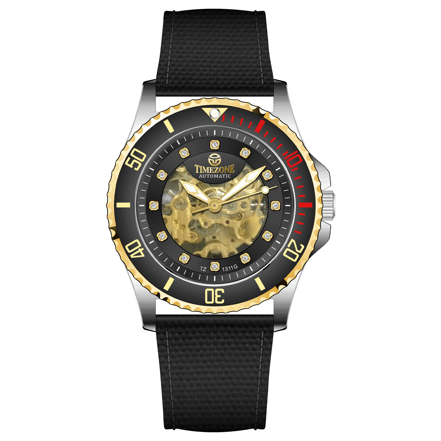 Branded wrist watch for men in pakistan. A Monarch Chrono watch with a black leather/cloth strap, silver case, gold and black dial, and red accents.