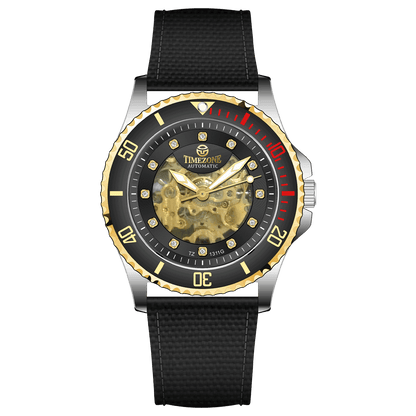 Branded wrist watch for men in pakistan. A Monarch Chrono watch with a black leather/cloth strap, silver case, gold and black dial, and red accents.