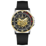 Branded wrist watch for men in pakistan. A Monarch Chrono watch with a black leather/cloth strap, silver case, gold and black dial, and red accents.
