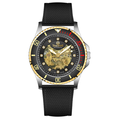 Branded wrist watch for men in pakistan. A Monarch Chrono watch with a black leather/cloth strap, silver case, gold and black dial, and red accents.