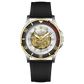 Branded wrist watch for men in pakistan. A Monarch Chrono watch with a black leather/cloth strap, silver case, gold and black dial, and red accents.