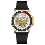 Branded wrist watch for men in pakistan. A Monarch Chrono watch with a black leather/cloth strap, silver case, gold and black dial, and red accents.
