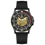 Branded wrist watch for men in pakistan. A black Monarch Elite watch with a gold dial and a leather/cloth strap, featuring a precision automatic movement and 3 ATM water resistance.