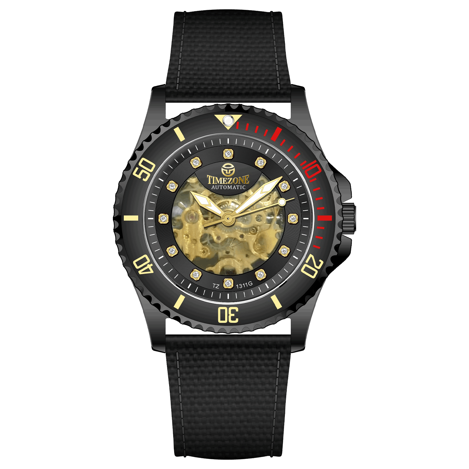 Branded wrist watch for men in pakistan. A black Monarch Elite watch with a gold dial and a leather/cloth strap, featuring a precision automatic movement and 3 ATM water resistance.