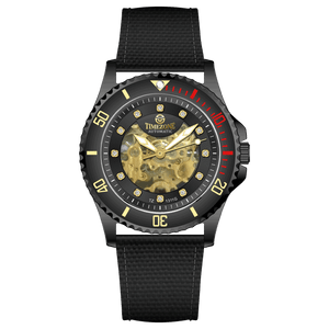 Branded wrist watch for men in pakistan. A black Monarch Elite watch with a gold dial and a leather/cloth strap, featuring a precision automatic movement and 3 ATM water resistance.