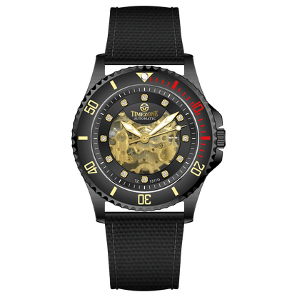 Branded wrist watch for men in pakistan. A black Monarch Elite watch with a gold dial and a leather/cloth strap, featuring a precision automatic movement and 3 ATM water resistance.